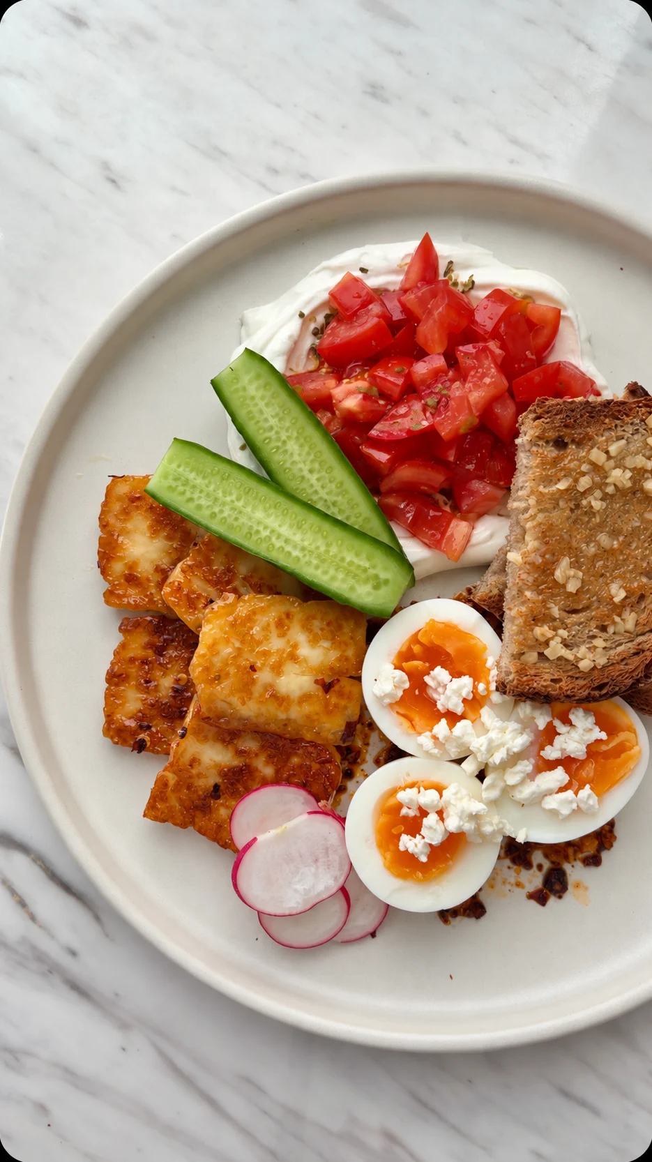 Honey halloumi, tomatoes, cucumber, soft boiled eggs and sourdough on a cream plate