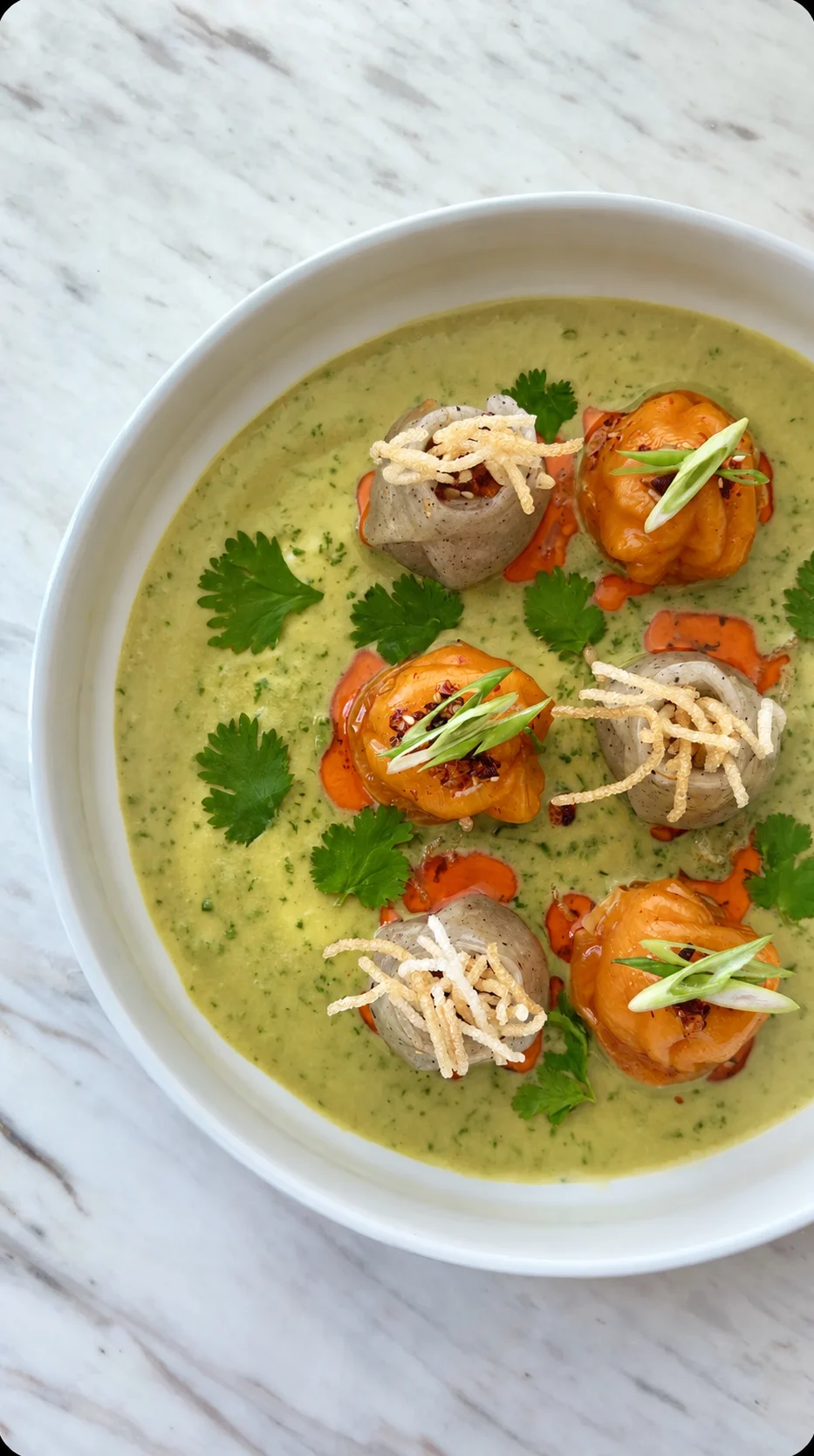 Green coconut curry dim sum with crispy noodles, spring onions and coriander